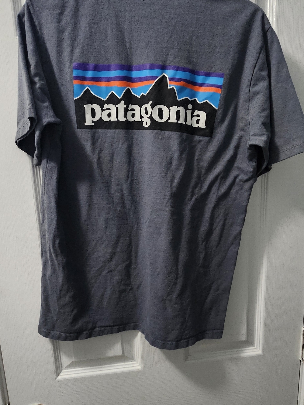 Patagonia Short-Sleeve Logo Tee in Slate Gray with Multicolor Stripe
